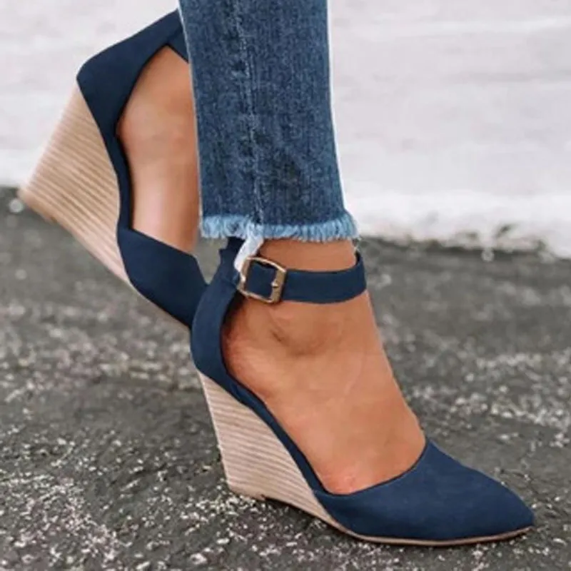 Ladies Wedge Heel Large Size Single Shoes Belt Buckle Pointed Toe - Blue