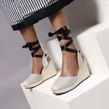 Summer New Slope Heel Waterproof Platform Splicing Strap Hollow Linen Rope Small Flat Sandals Large Size Grey - Shop at LoveMi