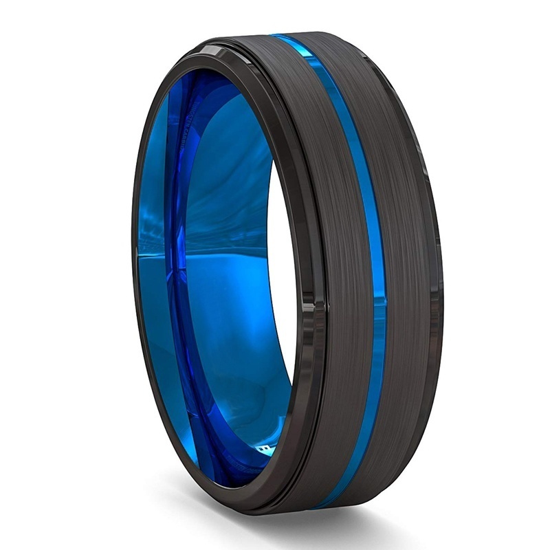 Two-Tone Men'S Jewelry 8Mm Wide Slotted Blue And Black Tungsten Steel Ring Jewelry — foto 3