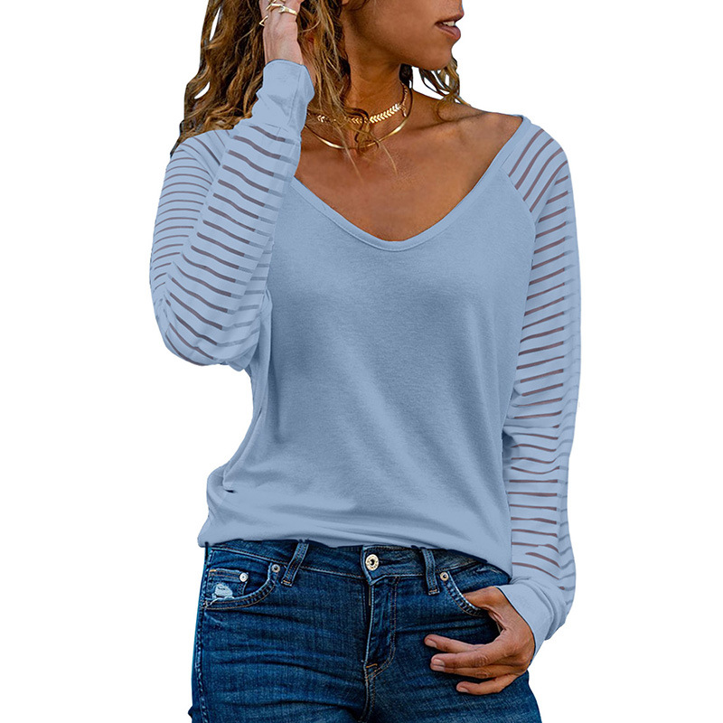 New style striped sleeves v-neck pullover ladies top