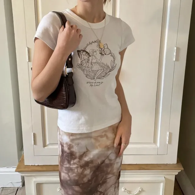 Brandymelville American Retro Butterfly Fairy Print High Waisted Slim T Shirt Off White - Shop at LoveMi
