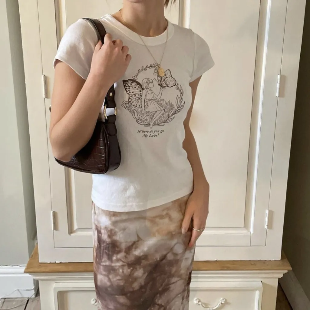 Brandymelville American Retro Butterfly Fairy Print High-Waisted Slim T-Shirt - Off White