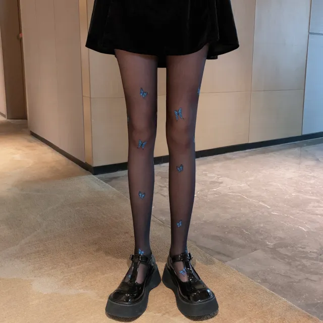 Blue Butterfly Print Core spun Bottoming Stockings Black - Shop at LoveMi