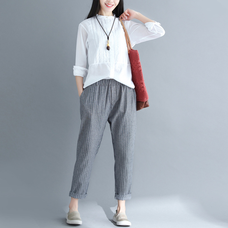 Cotton And Linen Loose Striped Casual Pants Elastic Waist Women's Trousers