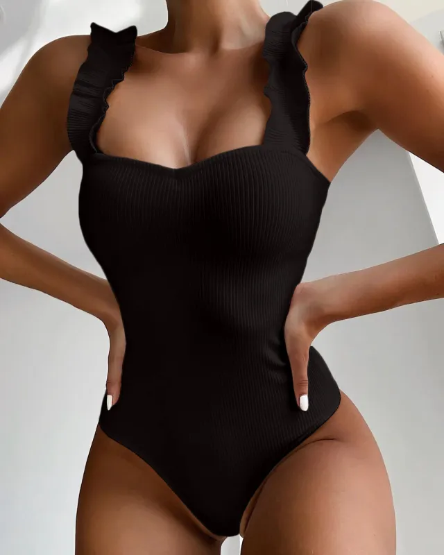 New Sexy One Piece Swimsuit Women Ruffle Swimwear Bodysuit Swimsuit Push Up Monokini Solid Bathing Suits Summer Beach Wear Black - Shop at LoveMi
