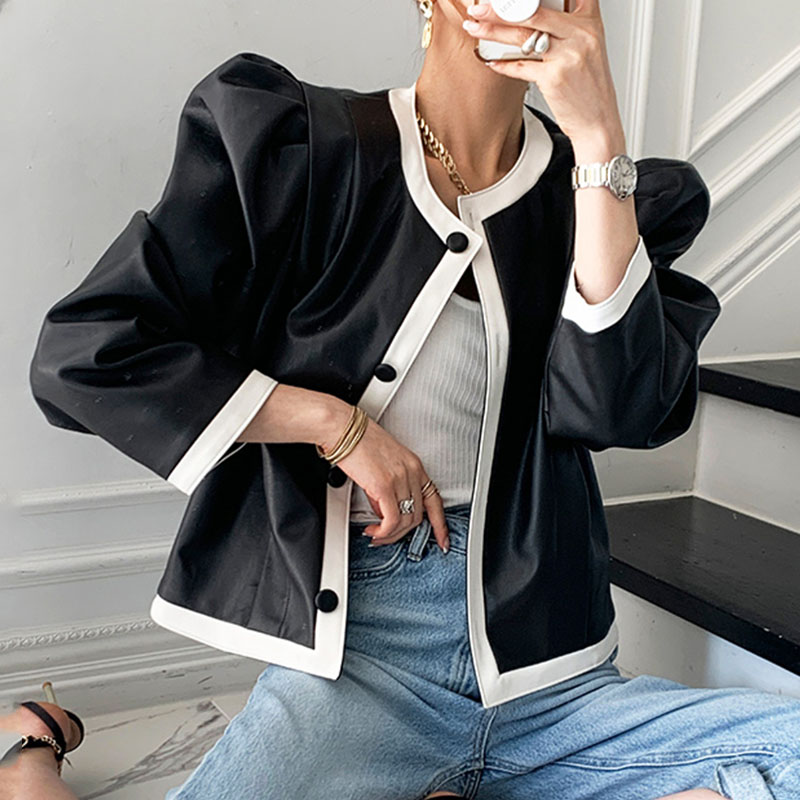 Korea Chic Personality Fashionable Round Neck Hit Color Edging Button Design Loose Long-Sleeved Leather Jacket Jacket Female