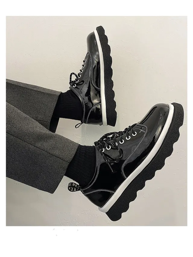 Patent Leather Bright Surface Platform Platform Shoes Black - Shop at LoveMi