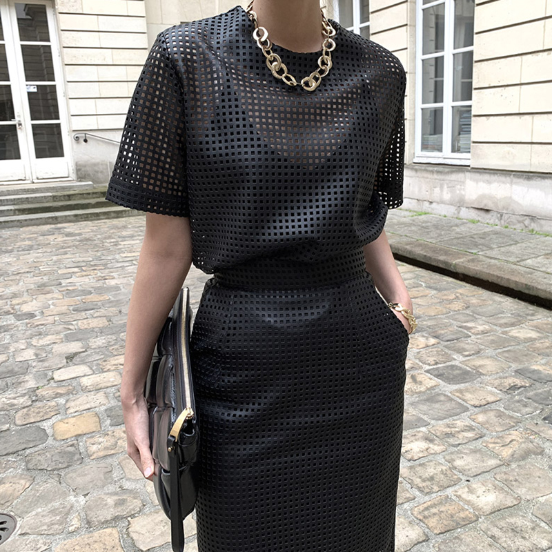 Round Neck Mesh Hollow Out Perspective Leather Short Sleeve Top High Waist Buttock Skirt Suit