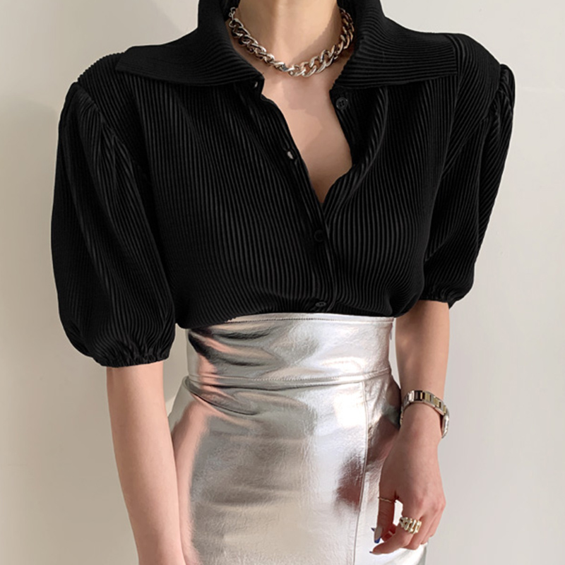 Niche Retro Lapel Single-breasted Pleated Texture Design Loose Puff Sleeve Shirt Women