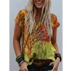 Summer Popular Colour Printing Round Neck Short Sleeve T-Shirt - Flower 10-S - View 1