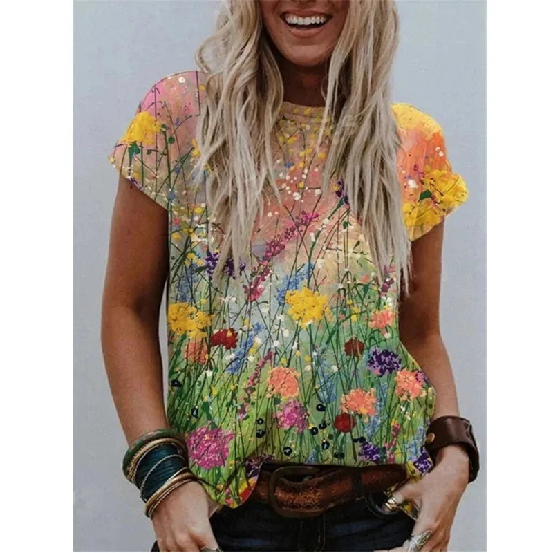 Summer Popular Color Printing Round Neck Short Sleeve T-Shirt - Flower 12-Xl