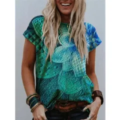 Summer Popular Colour Printing Round Neck Short Sleeve T-Shirt - Flower 9 - View 1
