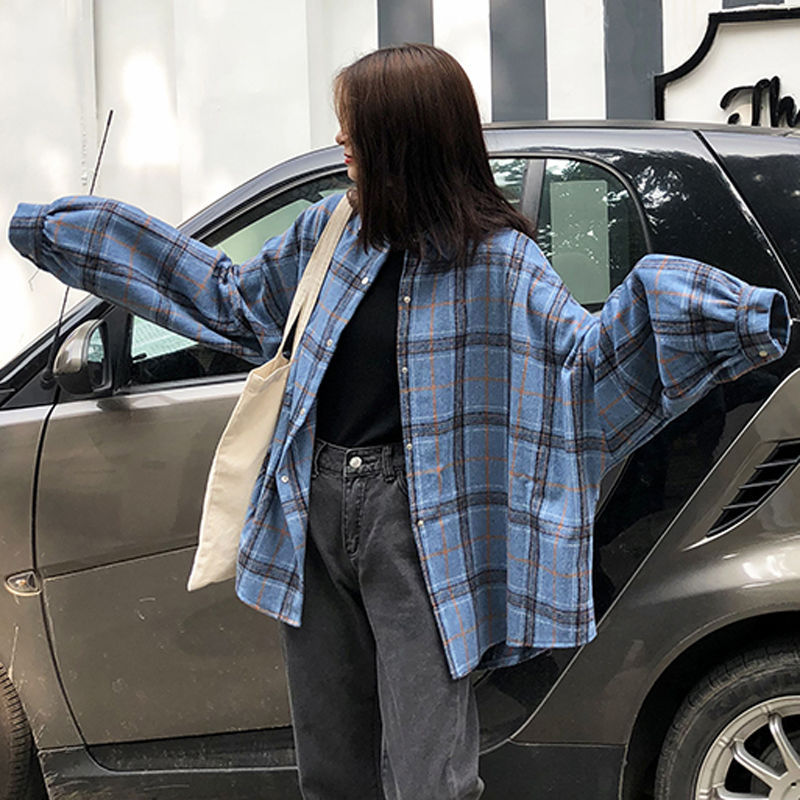 Women's Loose Plaid Lapel Buttoned Lantern Sleeve Shirt Long Sleeve Top