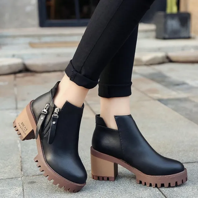 Chunky Heel Short Boots Female Side Zipper High Heel Martin Boots Round Toe Women'S Boots Black - Shop at LoveMi