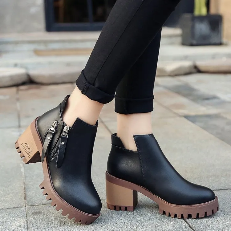 Chunky Heel Short Boots Female Side Zipper High Heel Martin Boots Round Toe Women'S Boots - Black