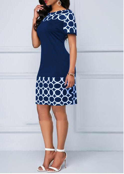 Summer Round-Necked Body Print Stitching Commuter Bag Hip Dress