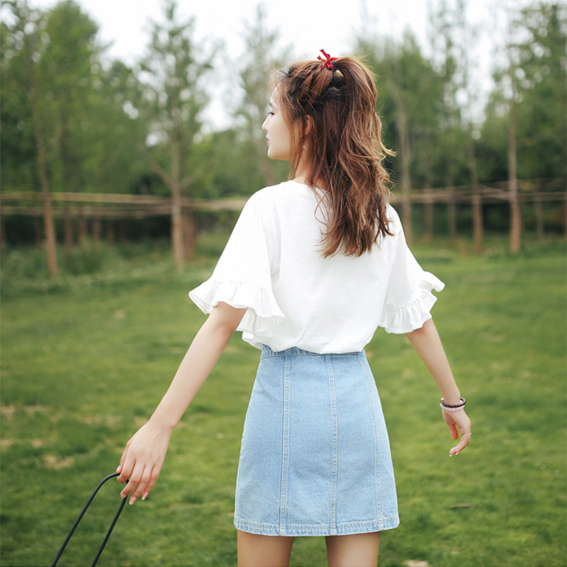 Printed Embroidered T-shirt Female Short-sleeved Student Flared Sleeves