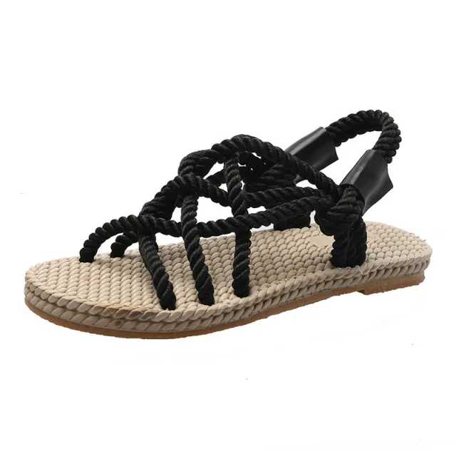 Flat Hemp Rope Cross Casual Beach Sandals Black - Shop at LoveMi