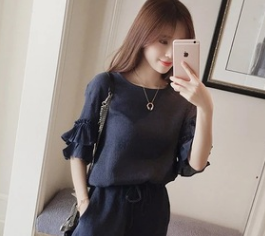 Chiffon top and high waist shorts two-piece suit