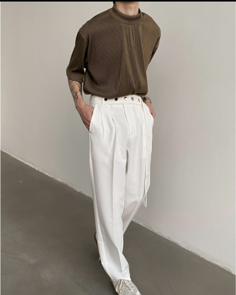 Spring New Style Button Belt Solid Color Loose Straight Casual Trousers