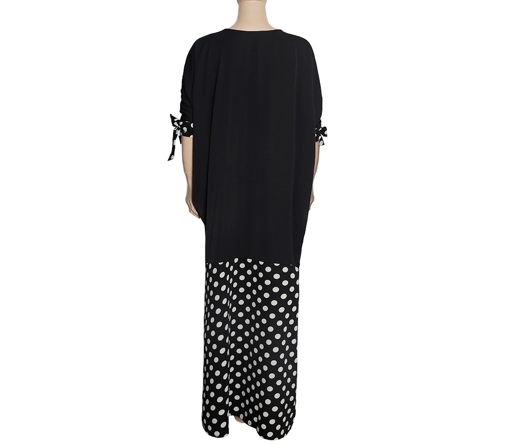 Round Neck Tie Rope Sleeves Polka Dot Stitching Fake Two-Piece Skirt Split Dress