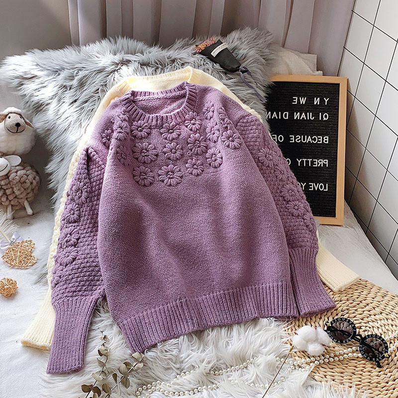 Three-Dimensional Flower Embroidery Sweater Women's Autumn And Winter New Korean Version Of The Lazy Style Lantern Sleeve Pullover Sweater Trend