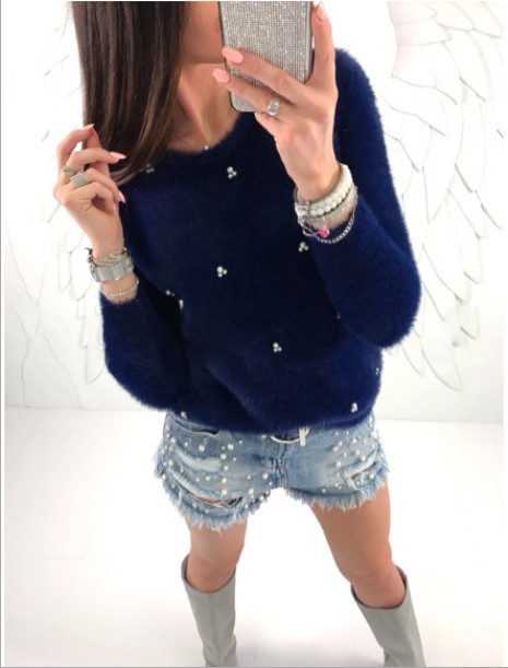 All-match plush beaded long sleeve pullover