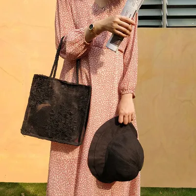 Retro Single Shoulder Tote Women's Bag Korea Embroidered Hollow Shopping Bag Black - Shop at LoveMi