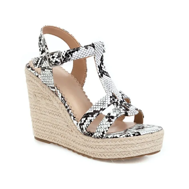 Large Size Snake Print Wedge Sandals Platform High Heel Buckle Women Summer New Ladies High Heel Sandals T4585 White - Shop at LoveMi