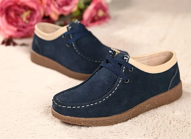 European And American New Peas Shoes Women'S Leather Round Toe Casual Shoes Leather Flat Shoes Blue - Shop at LoveMi