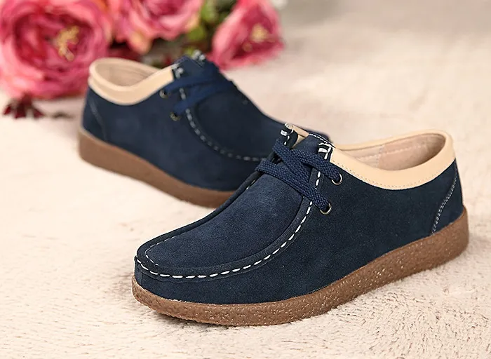 European And American New Peas Shoes Women'S Leather Round Toe Casual Shoes Leather Flat Shoes - Blue