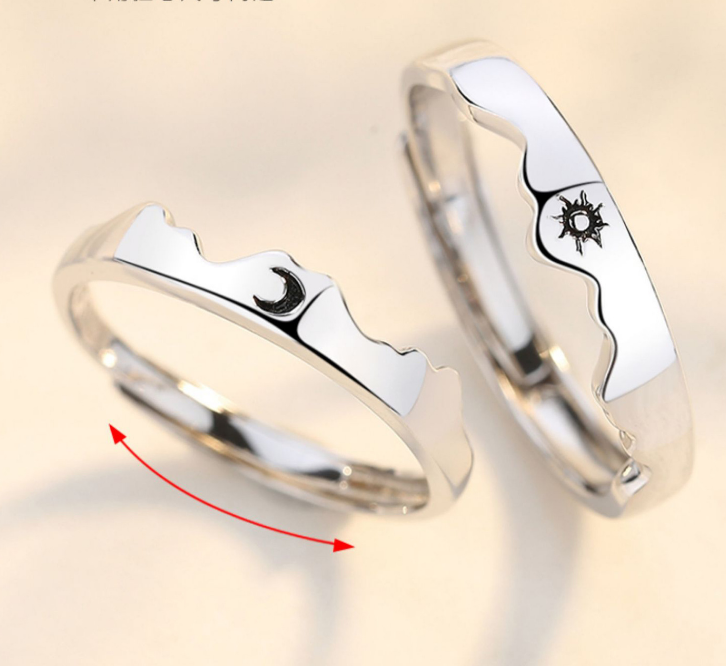 Sterling Silver Pair Sun Moon Mountain Sea Couple Ring Men's and Women's Sterling Silver Pair