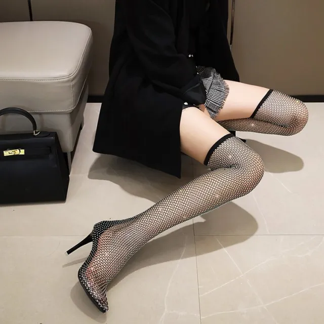 Pointed Stiletto Net Stockings Hollow Rhinestone Socks Boots Ankle Boots Cool Long 37 - Shop at LoveMi