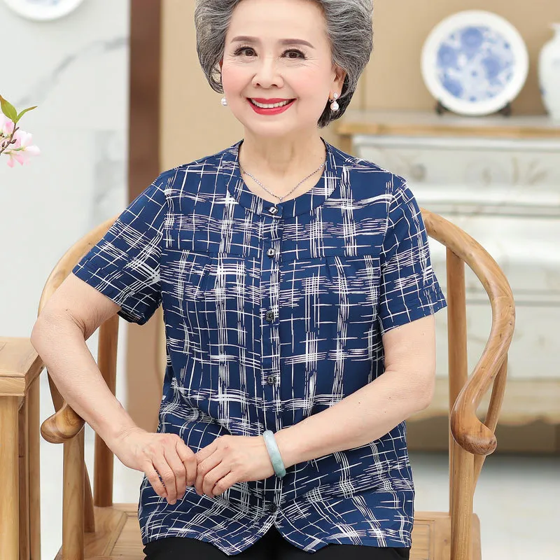 Middle-Aged And Elderly Cotton Short-Sleeved Grandma Dress Summer Blouse Female Mother 60-70-Year-Old Clothes Cotton T-Shirt Women - 3Style-2Xl