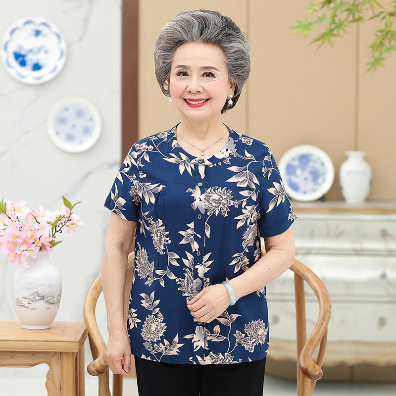 Middle Aged And Elderly Cotton Short Sleeved Grandma Dress Summer Blouse Female Mother 60 70 Year Old Clothes Cotton T Shirt Women 1Style 2Xl - Shop at LoveMi