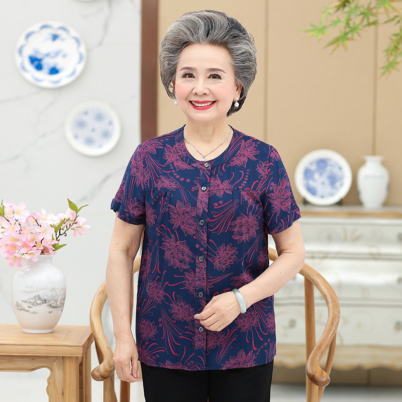 Middle Aged And Elderly Cotton Short Sleeved Grandma Dress Summer Blouse Female Mother 60 70 Year Old Clothes Cotton T Shirt Women 5Style L - Shop at LoveMi