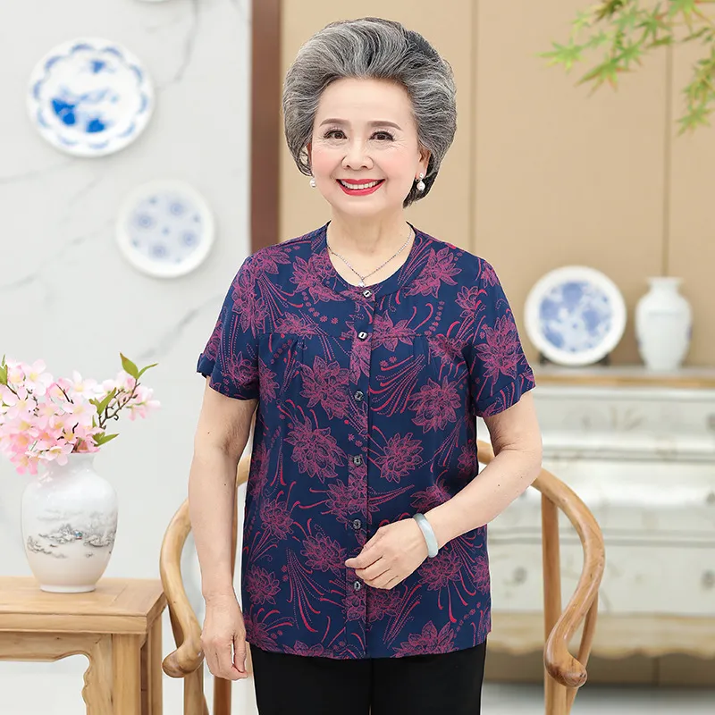 Middle-Aged And Elderly Cotton Short-Sleeved Grandma Dress Summer Blouse Female Mother 60-70-Year-Old Clothes Cotton T-Shirt Women - 5Style-L