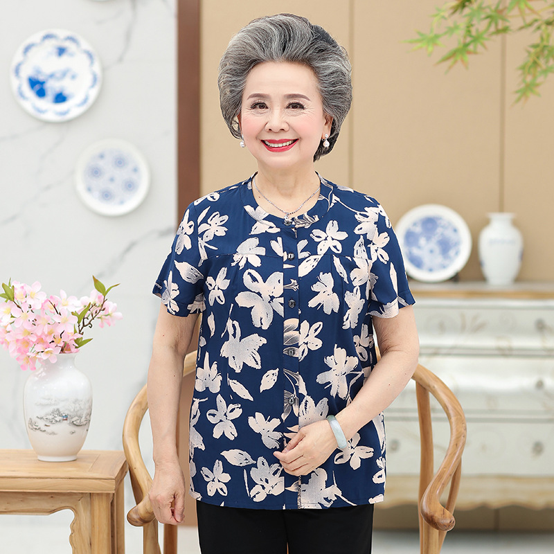 Middle Aged And Elderly Cotton Short Sleeved Grandma Dress Summer Blouse Female Mother 60 70 Year Old Clothes Cotton T Shirt Women 6Style - Shop at LoveMi