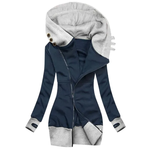 Europe and America Fall Winter New Women's Jacket Solid Color Hooded Long Sleeve Pocket Zipper Sweater Women Navy - Shop at LoveMi