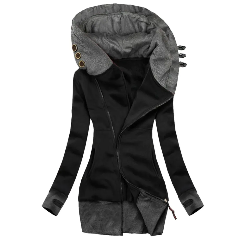 Europe and America Fall Winter New Women's Jacket Solid Color Hooded Long Sleeve Pocket Zipper Sweater Women - Black
