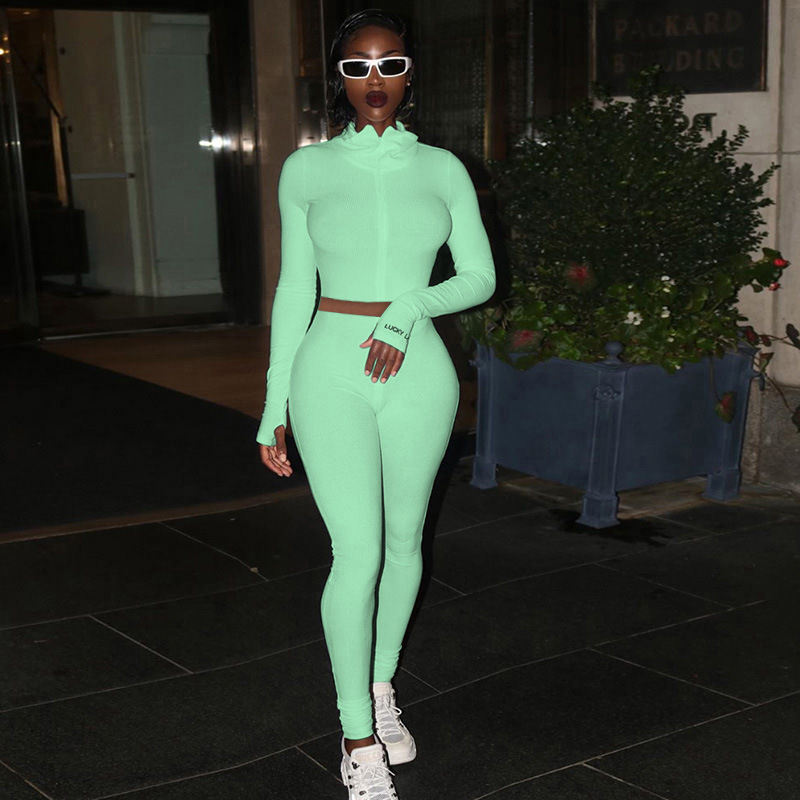 European And American Cross Border High Collar Women'S Fitness And Slim One-Piece Zipper Two-Piece Suit