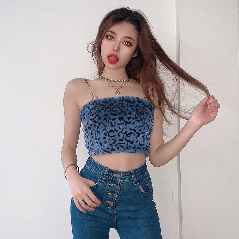 Fried Street Style Chain Shoulder Belt Leopard Pattern Hair Suspender Top Women'S Short Careful Machine Bottomed Vest