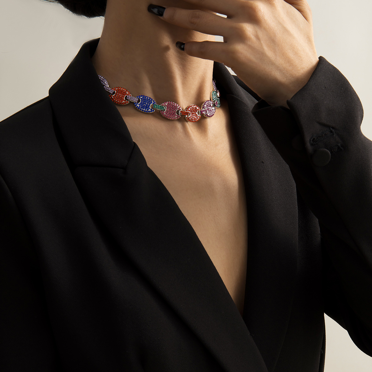 Temperament Ol Wind Slightly Inlaid Colored Diamond Necklace Female Fashion Simple And Versatile Cuban Chain Clavicle Chain