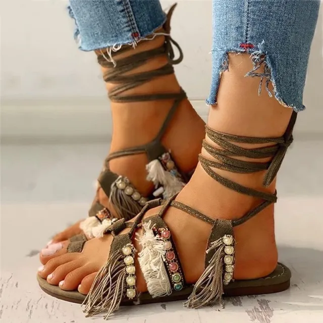 New Ethnic Style Straps Large Size Sandals Beaded Tassel Flat Bottom Women'S Shoes Green - Shop at LoveMi