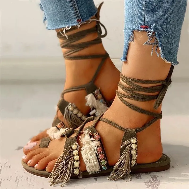 New Ethnic Style Straps Large Size Sandals Beaded Tassel Flat Bottom Women'S Shoes - Green
