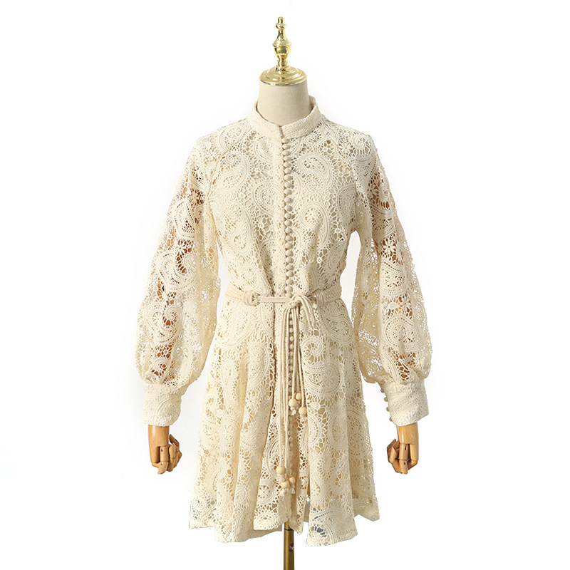 Beige Lace Embroidered Hollow Out Dress