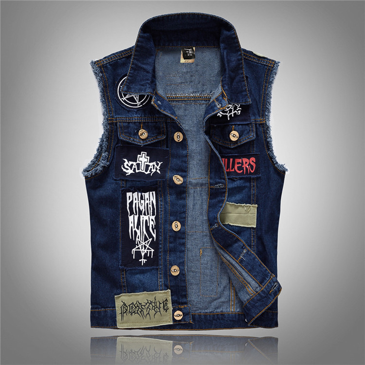Plus Size Korean Version Of The Slim Trend Men'S Patch Denim Vest Men'S Casual Vest Motorcycle Vest