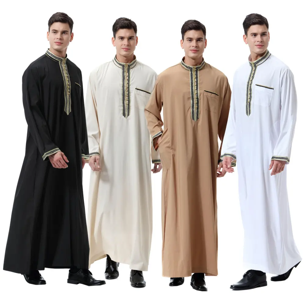 Muslim Arab Middle East Men's Applique Stand Collar Robe