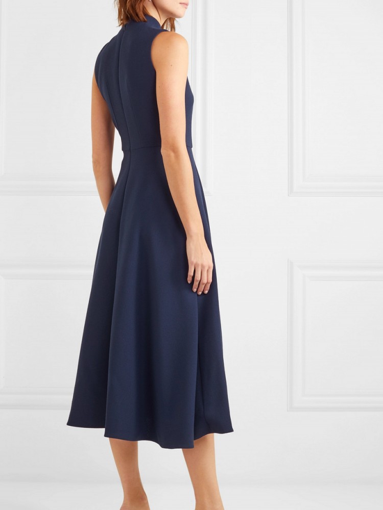 Elegant Women'S Solid Color Dress With Small Stand-Up Collar Sleeveless Slim Fit Large Skirt