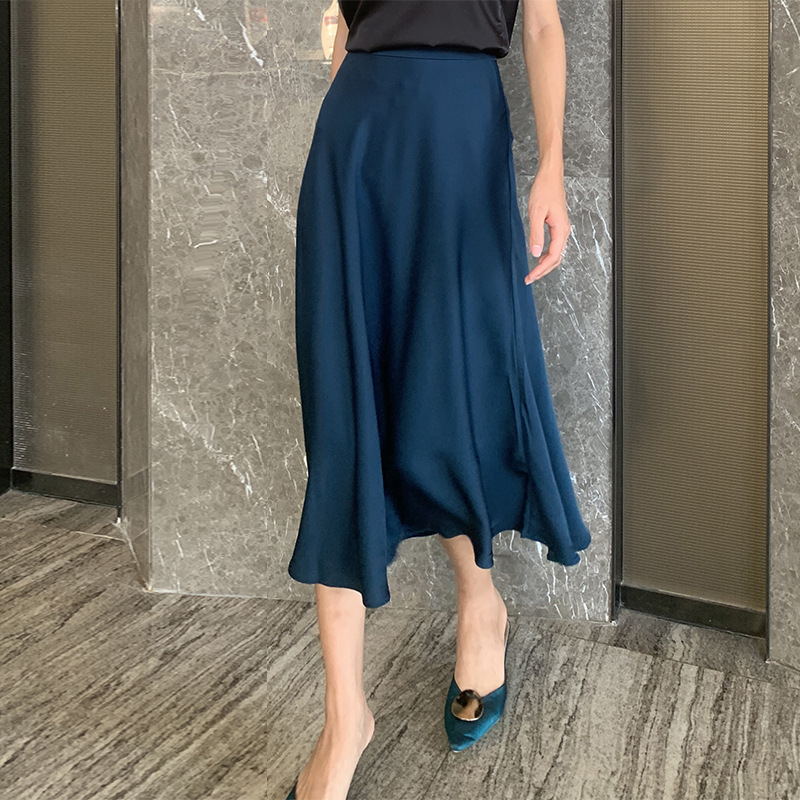 Acetate Satin A Line Skirt, Satin Large Skirt Navy - Shop at LoveMi